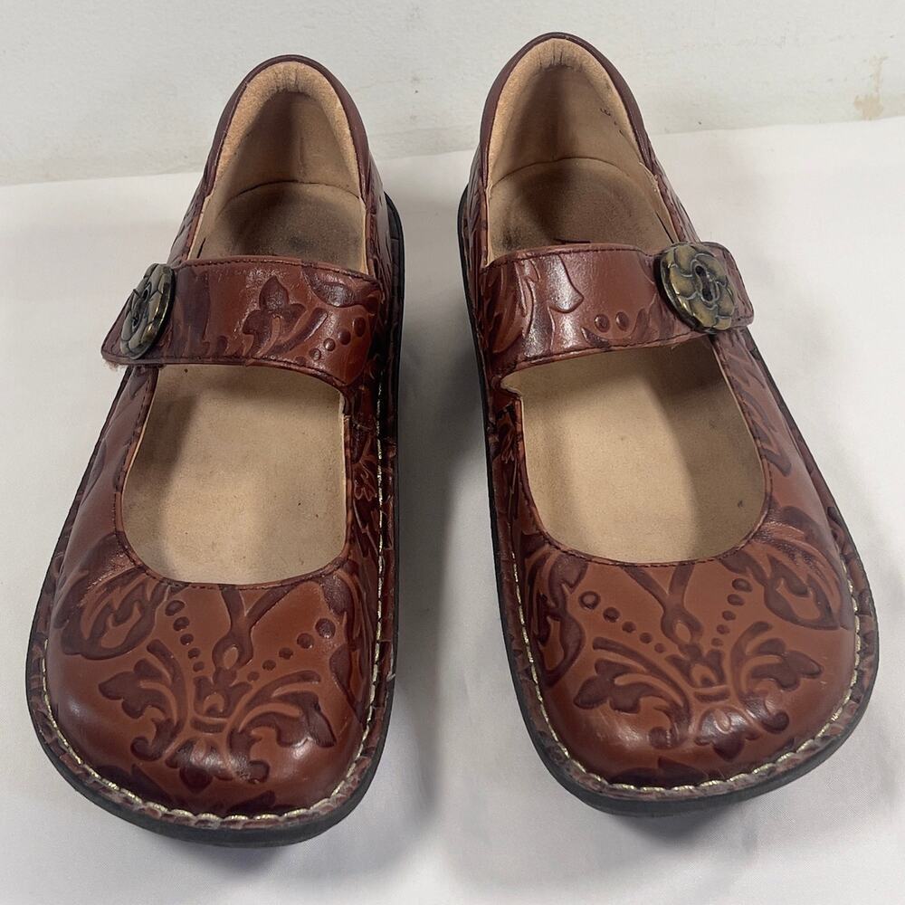 Alegria Paloma Brown Embossed Leather Mary Jane Shoes Womens EU38/US7.5